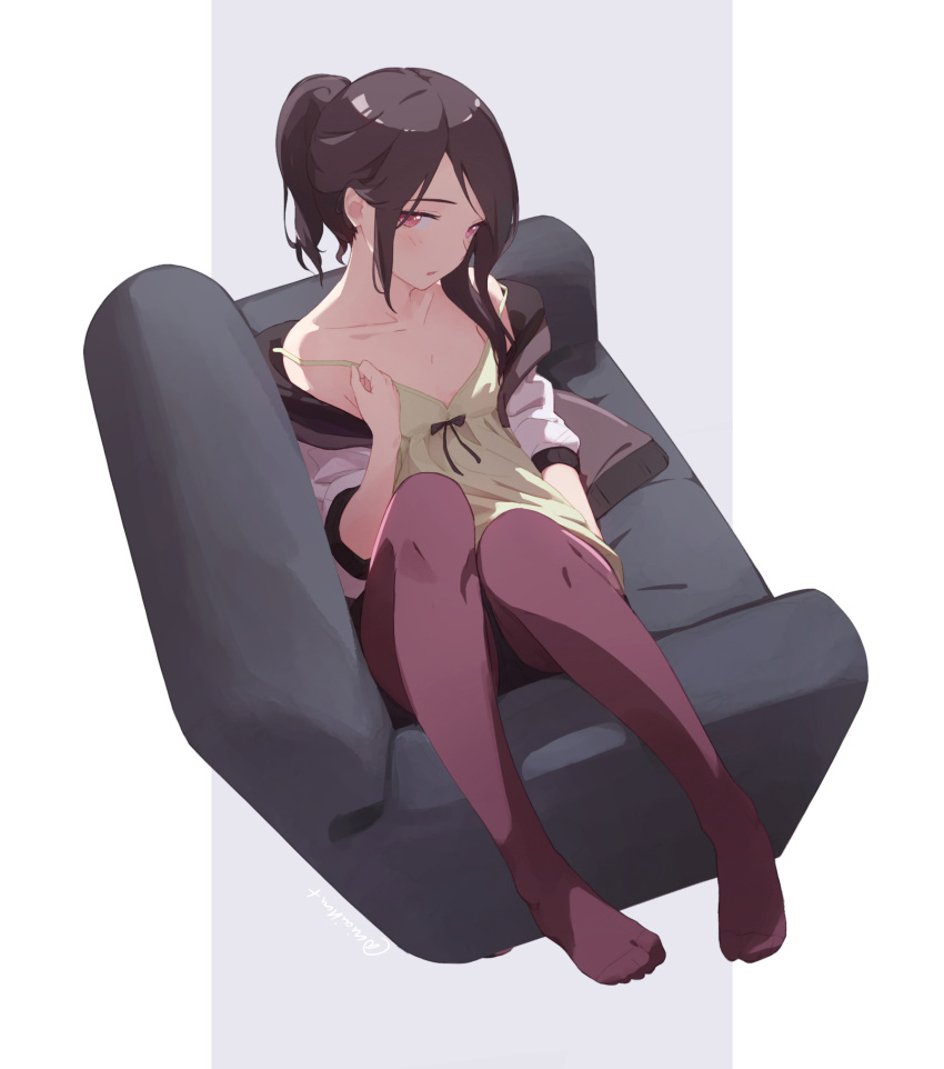 1girl artist_name babydoll blush breasts brown_hair camisole collarbone couch double_strap_slip feet green_camisole grey_background highres hood hoodie knees_together_feet_apart knees_up legs long_hair niaillust no_shoes off_shoulder open_clothes open_hoodie original pantyhose ponytail red_eyes red_pantyhose sitting sitting_sideways small_breasts solo spaghetti_strap strap_slip toes twitter_username white_background white_hoodie