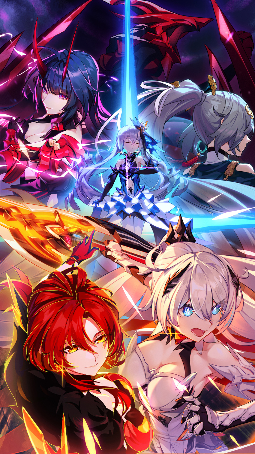 5girls absurdres bare_shoulders breasts bronya_zaychik bronya_zaychik_(herrscher_of_reason) cleavage closed_eyes detached_sleeves dress fu_hua fu_hua_(azure_empyrea) gloves grey_hair hair_between_eyes hair_ornament high_ponytail highres honkai_(series) honkai_impact_3rd horns iandrea kiana_kaslana kiana_kaslana_(herrscher_of_flamescion) large_breasts long_hair multiple_girls murata_himeko murata_himeko_(vermillion_knight) pantyhose ponytail purple_eyes purple_hair raiden_mei raiden_mei_(herrscher_of_thunder) red_gloves red_hair white_hair yellow_eyes