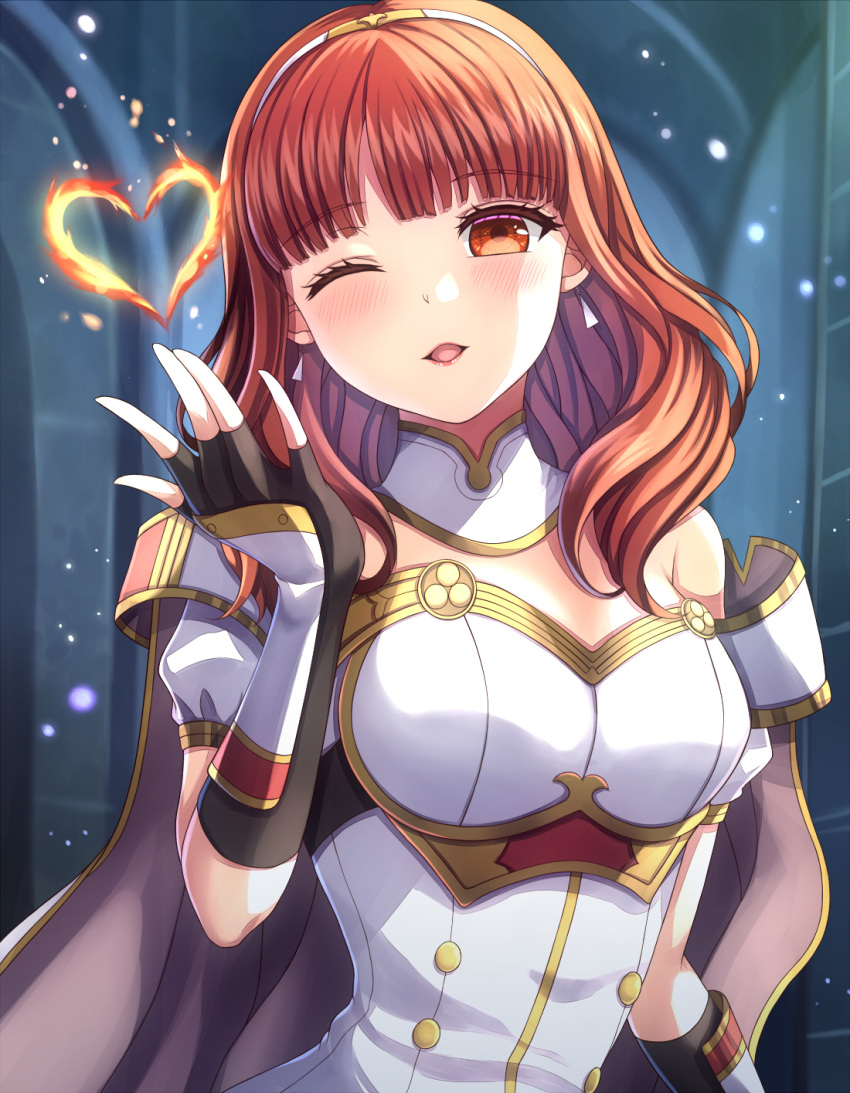 1girl ;o bangs blowing_kiss breasts cape celica_(fire_emblem) earrings fingerless_gloves fire fire_emblem fire_emblem_echoes:_shadows_of_valentia gloves heart highres jewelry looking_at_viewer magic medium_breasts medium_hair one_eye_closed open_mouth orange_eyes orange_hair smile solo yozu_(yozu0420)