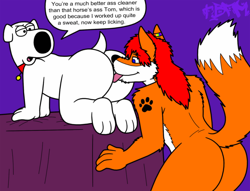 all_fours anal anthro bed blaziefox brian_griffin butt canid canine canis dialogue domestic_dog duo family_guy fox fur furniture licking looking_at_another looking_at_partner male male/male mammal oral orange_body orange_fur raised_tail rimming sex speech_bubble tail tbfm tongue tongue_out white_body white_fur