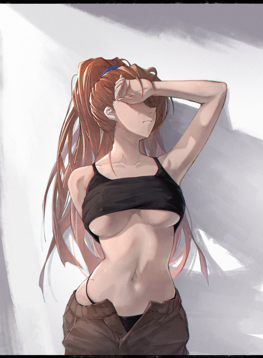 1girl absurdres arm_up beatrix_(granblue_fantasy) black_panties black_tank_top breasts brown_hair brown_pants clothes_lift collarbone covering_own_eyes facing_to_the_side granblue_fantasy highres large_breasts long_hair navel open_pants panties pants panty_peek ponytail shadow shirt_lift simple_background solo tank_top underboob underwear yu_pian