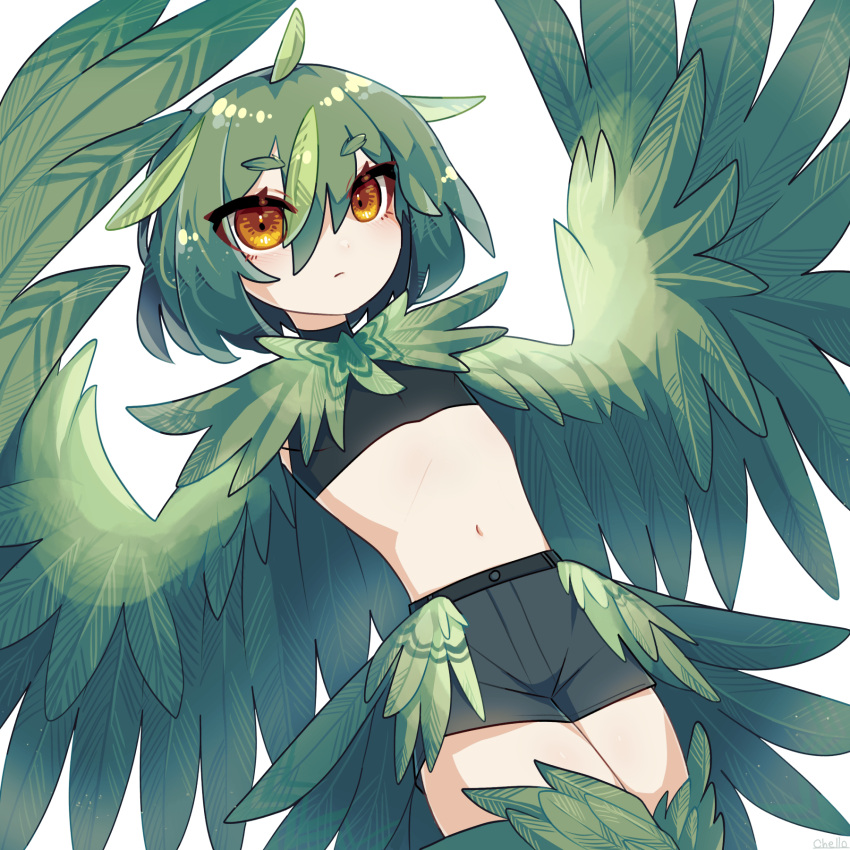 1boy bird_legs black_shorts chello feathered_wings feathers green_feathers green_hair green_wings hair_between_eyes harpy_boy highres male_focus midriff monster_boy navel original shorts simple_background white_background winged_arms wings yellow_eyes