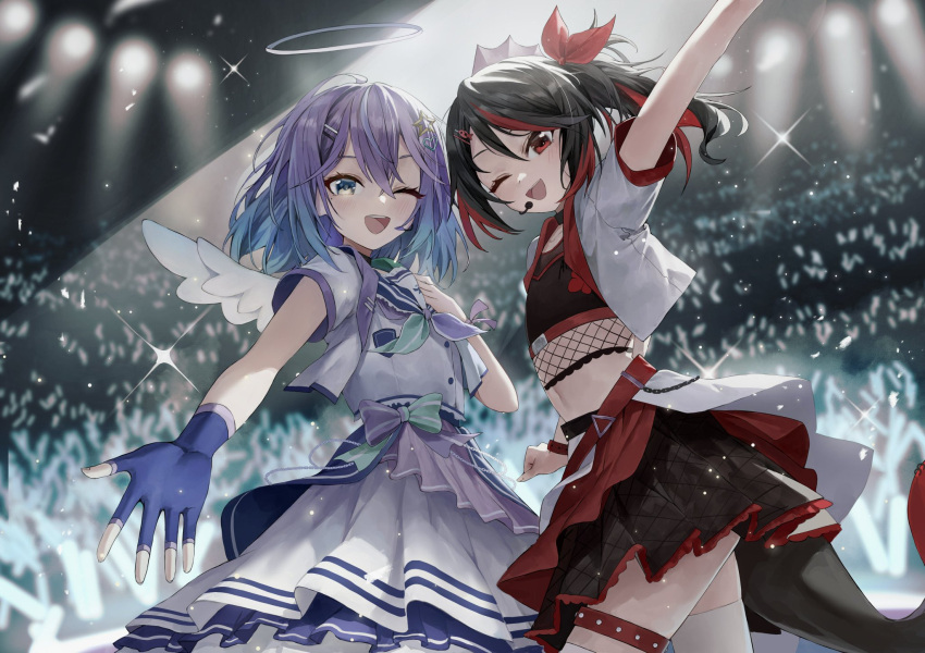 2girls :d akami_chiyo amai_direct aphrodi_vainilla arm_up black_choker black_hair black_skirt black_tail black_tank_top blouse blue_eyes blue_hair bow choker colored_inner_hair commentary_request concert cropped_jacket crowd diffraction_spikes fingerless_gloves fins fish_girl fish_hair_ornament fish_tail fishnet_top fishnets flat_chest french_commentary fudepenbrushpen gloves glowstick gradient_hair hair_between_eyes hair_bow hair_ornament hairclip halo head_fins heart heart_hair_ornament highres idol jacket layered_skirt light_particles light_purple_hair long_skirt looking_at_viewer medium_hair medium_skirt microphone midriff mini_wings mixed-language_commentary multicolored_hair multiple_girls music navel neckerchief one_eye_closed partial_commentary penlight purple_hair reaching reaching_towards_viewer red_bow red_eyes red_hair red_skirt second-party_source shirt side-tie_skirt skirt smile spanish_commentary sparkle spotlight stage stage_lights star_(symbol) star_hair_ornament streaked_hair tail tank_top thigh_strap thighhighs two-tone_hair two_side_up virtual_youtuber white_jacket white_shirt white_skirt white_thighhighs wings