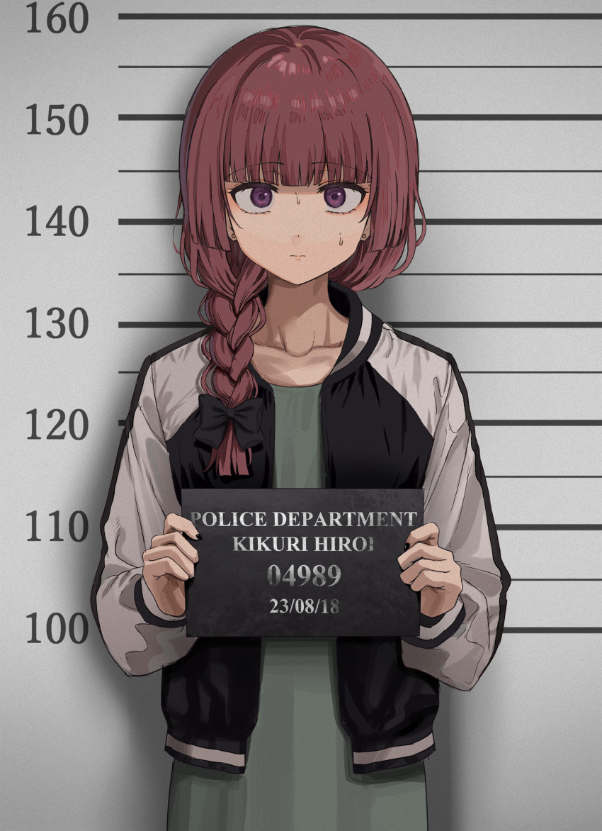 1girl black_bow black_nails blunt_bangs bocchi_the_rock! bow braid character_name dated dress ear_piercing green_dress hair_bow hair_over_shoulder highres hiroi_kikuri holding holding_sign ibuki_(ibuki0118) jacket long_hair long_sleeves looking_at_viewer mugshot nail_polish piercing purple_eyes red_hair sign single_braid solo