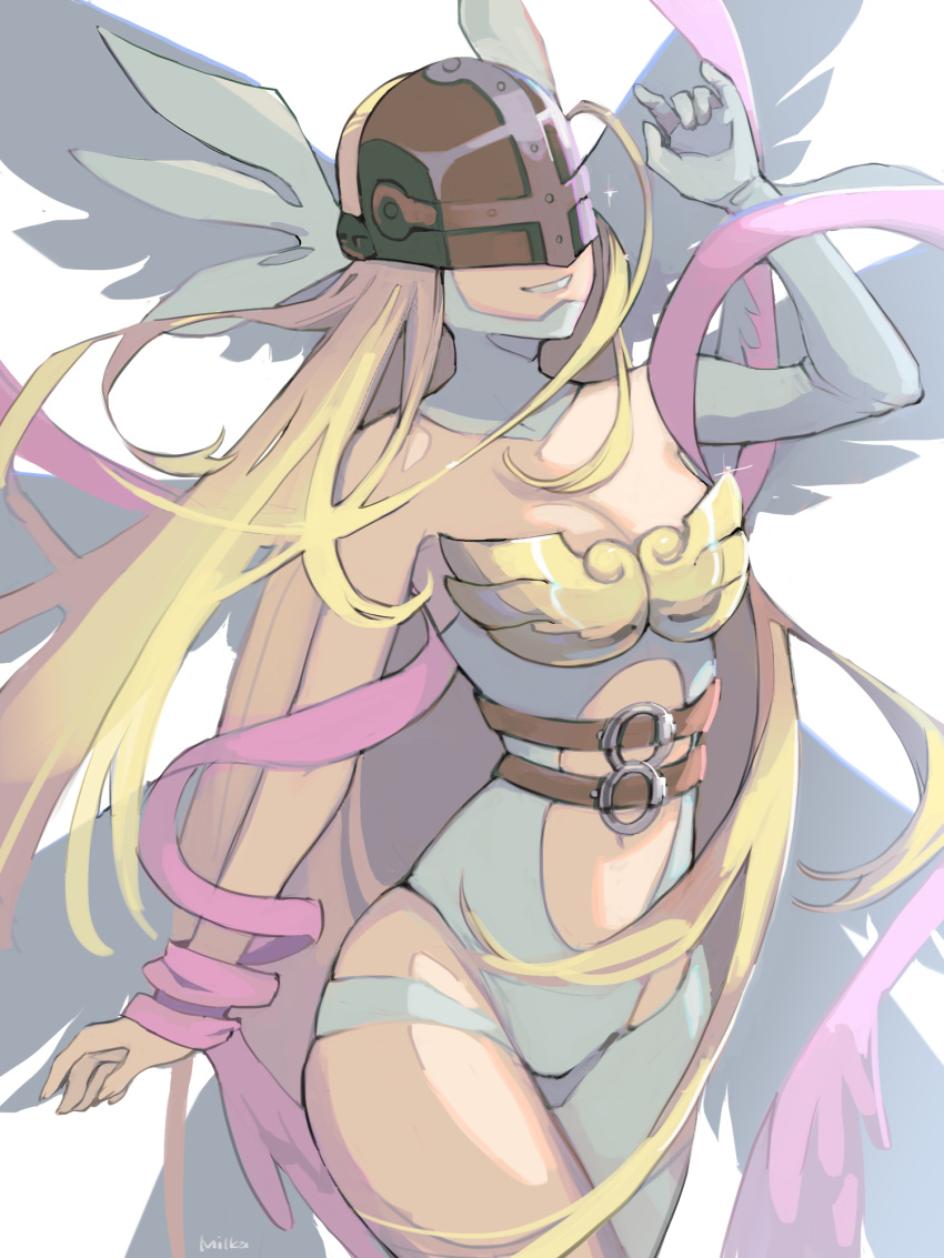 angewomon belt blonde_hair brown_belt covered_eyes digimon digimon_(creature) elbow_gloves gloves helmet_over_eyes highres long_hair milka_(milk4ppl) simple_background single_elbow_glove solo white_background white_gloves