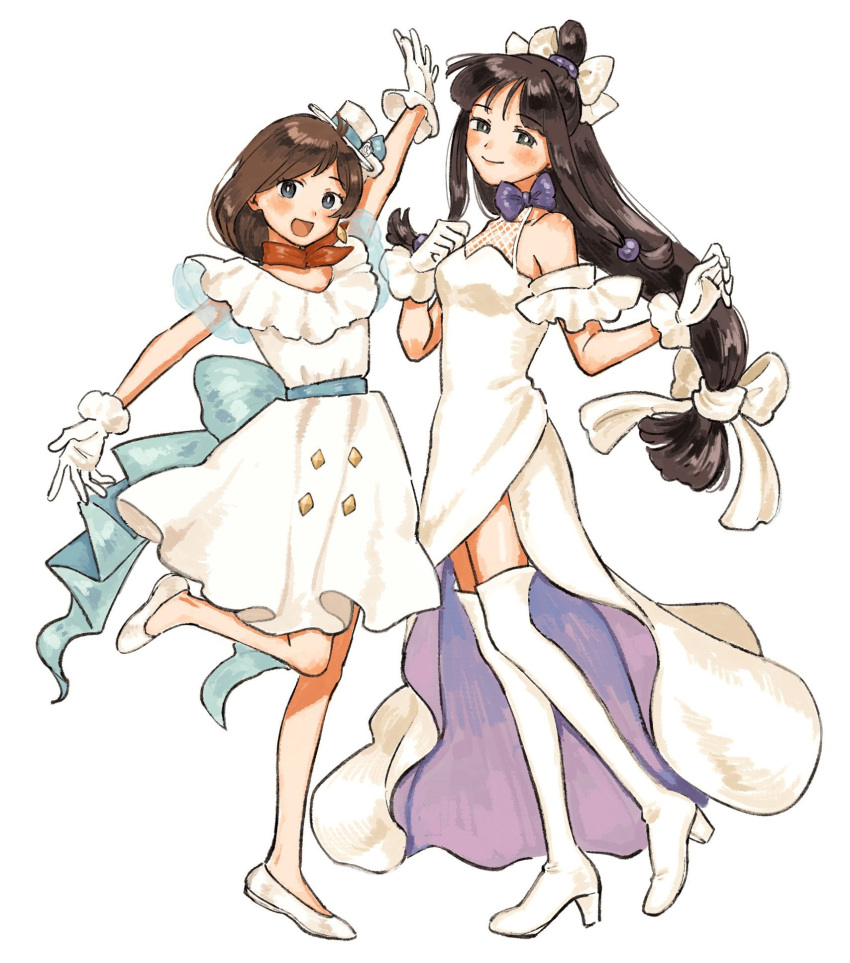 2girls ace_attorney bare_shoulders black_hair blue_eyes boots bow brown_hair closed_mouth dress full_body gloves hat highres long_hair looking_at_viewer low-tied_long_hair maya_fey mini_hat multiple_girls official_alternate_costume open_mouth purple_bow red_scarf renshu_usodayo scarf shoes simple_background smile standing thigh_boots trucy_wright white_background white_dress white_footwear white_gloves