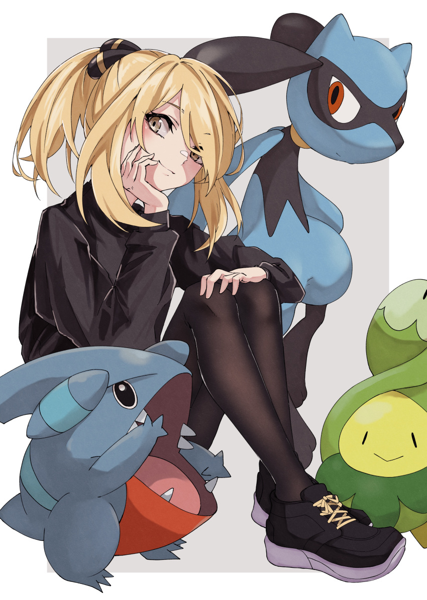 1girl absurdres aged_down bangs black_footwear blonde_hair budew closed_mouth commentary_request cynthia_(pokemon) eyelashes gible hair_ornament head_rest head_tilt highres jacket long_sleeves lulutaeri pantyhose pokemon pokemon_(creature) pokemon_(game) pokemon_dppt ponytail riolu shoes sitting smile