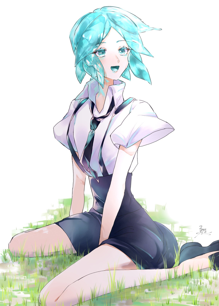 1other :d aqua_eyes aqua_hair aqua_tongue between_legs black_footwear collared_shirt colored_tongue crystal_hair full_body gem_uniform_(houseki_no_kuni) glowing glowing_hair grass hand_between_legs high_collar highres houseki_no_kuni loafers looking_to_the_side necktie on_grass open_mouth other_focus outdoors pale_skin parted_bangs phosphophyllite rokipanda shirt shirt_tucked_in shoes short_hair shorts sitting smile solo suspender_shorts suspenders suspenders_gap wariza white_shirt