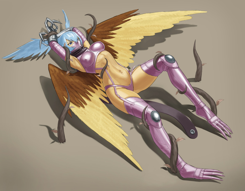 1girl absurdres armpits arms_up bikini black_scarf blue_eyes blue_hair bound bound_wrists breasts claws commentary_request commission covered_nipples digimon digimon_(creature) feathered_wings full_body garter_straps gauntlets gloves hair_between_eyes hair_wings highres kaiseirun leaf long_hair mask medium_breasts mouth_mask navel pixiv_commission plant purple_bikini purple_footwear purple_gloves restrained ryona scarf shadow shoulder_pads shutumon sidelocks simple_background skindentation solo stomach swimsuit thigh_gap vine_bondage vines wings