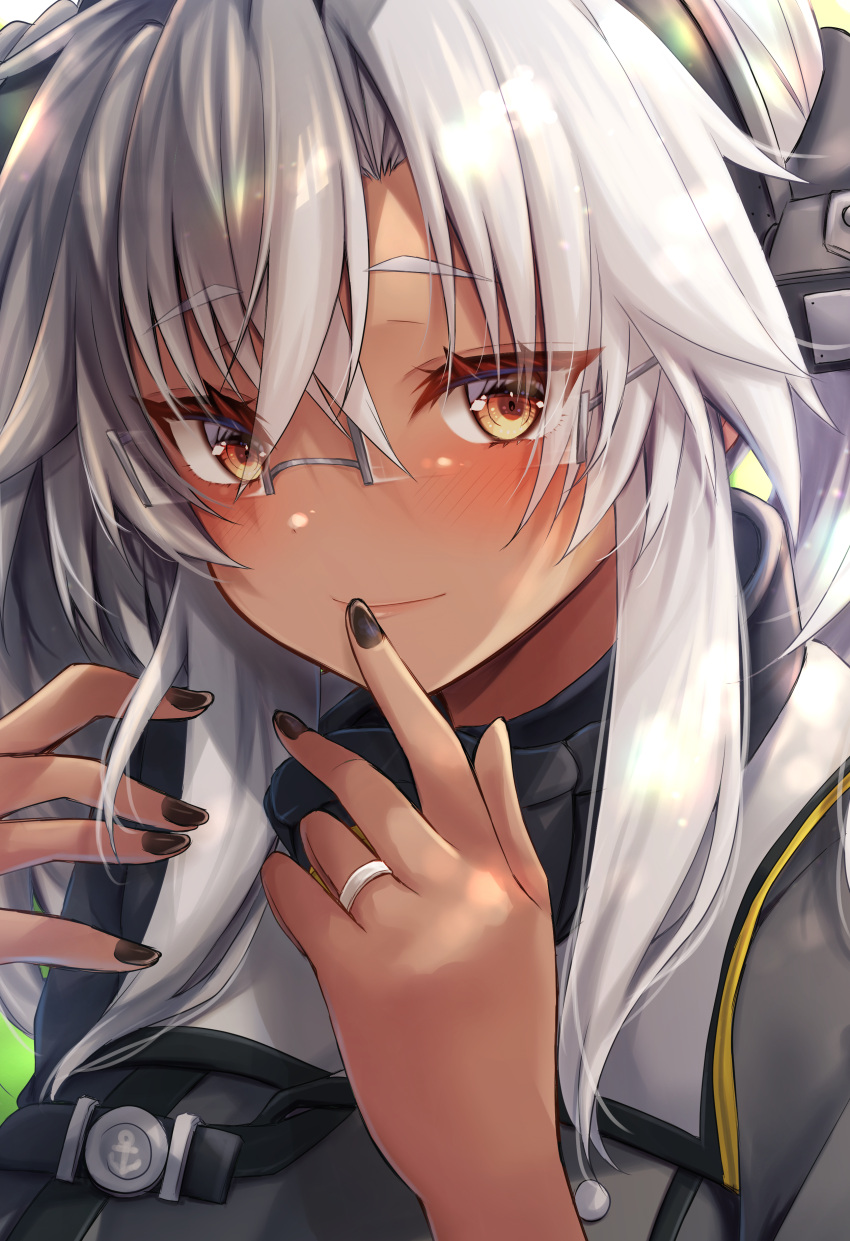 1girl absurdres black_nails blush close-up closed_mouth fingernails glasses grey_hair hair_between_eyes highres jewelry kantai_collection long_hair looking_at_viewer mashiro_yukiya musashi_(kancolle) musashi_kai_ni_(kancolle) nail_polish portrait rectangular_eyewear ring sidelocks smile solo two_side_up wedding_ring yellow_eyes