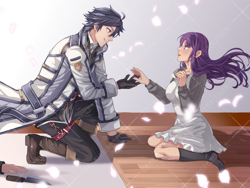 1boy 1girl ahoge apron black_eyes black_gloves black_hair boots coat commission commission_watermark crossover eiyuu_densetsu english_commentary falling_petals gloves highres hoshino_ai_(oshi_no_ko) kneeling knife long_hair oshi_no_ko petals purple_eyes purple_hair rean_schwarzer seiza sen_no_kiseki sitting smile socks watermark yuzukiyo