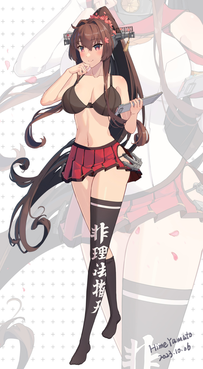 1girl absurdres artist_name asymmetrical_legwear black_bra black_socks black_thighhighs blush bra breasts brown_eyes brown_hair closed_mouth collarbone dated flower full_body hair_between_eyes hair_flower hair_ornament headgear highres himeyamato kantai_collection kneehighs large_breasts long_hair multiple_views pink_flower pleated_skirt polka_dot polka_dot_background red_skirt rudder_footwear signature single_kneehigh single_sock single_thighhigh skirt smile socks thighhighs underwear very_long_hair yamato_(kancolle) zoom_layer