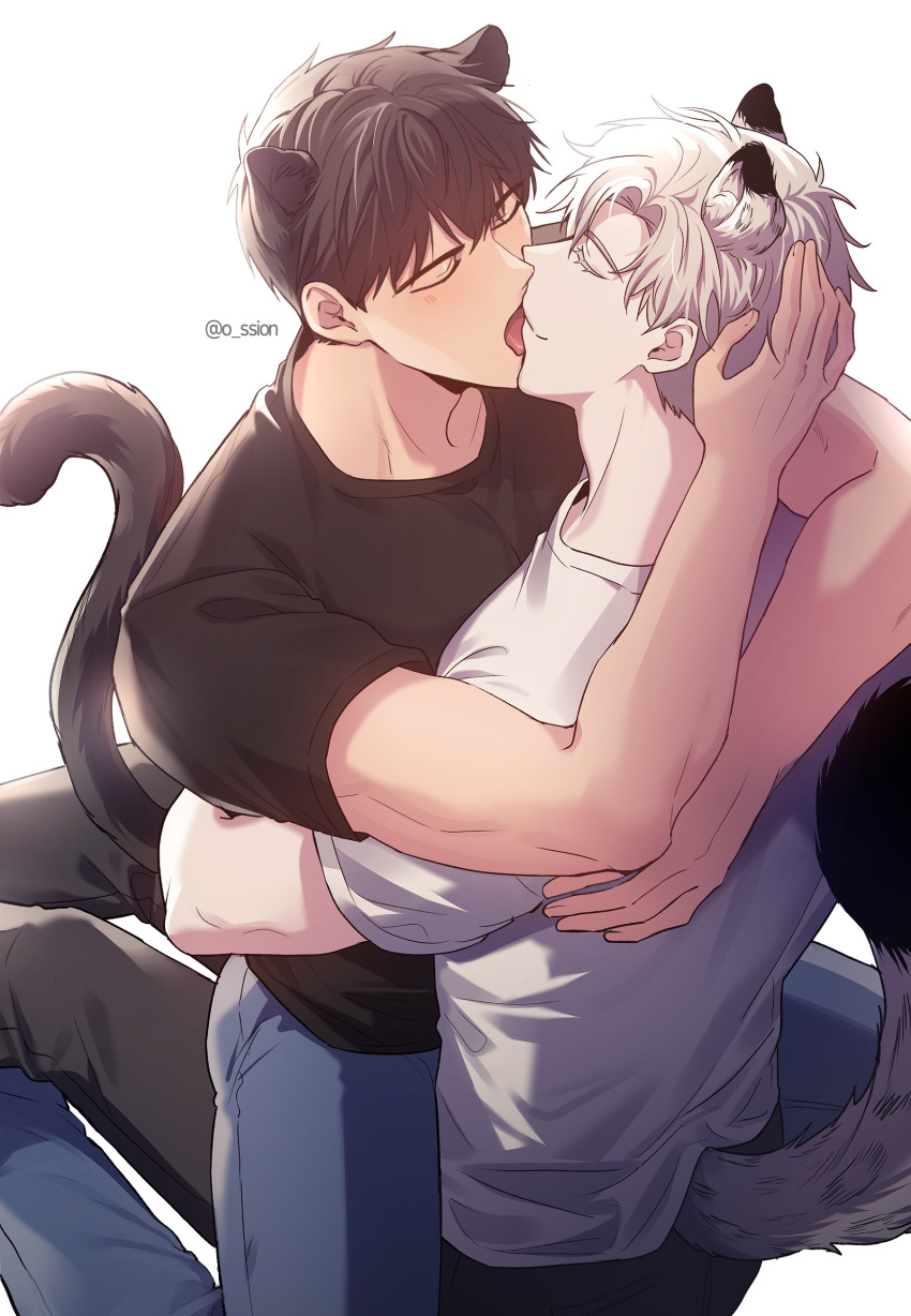 2boys absurdres animal_ears black_pants blue_pants brown_hair brown_shirt cat_boy cat_ears cat_tail closed_eyes closed_mouth french_kiss highres ilay_riegrow jeong_taeui kiss male_focus multiple_boys o_ssion open_mouth pants passion_(manhwa) shirt tail white_hair white_shirt yaoi