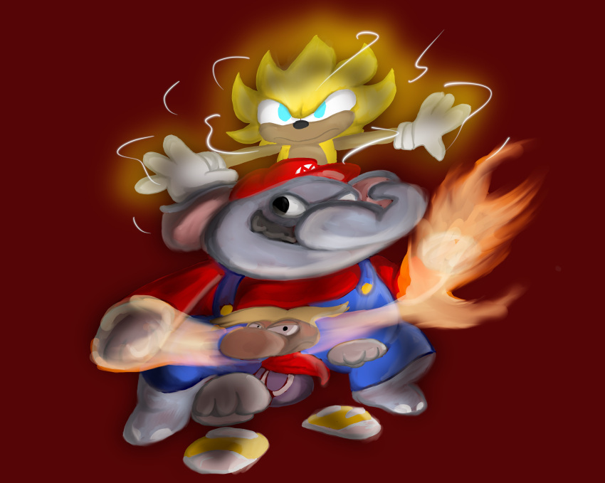 absurd_res anthro blue_eyes clothing electricity elephant elephant_mario elephantid eulipotyphlan facial_hair fire fur gloves glowing grey_body group handwear hedgehog hi_res jaythefox333 lightning male mammal mario mario_bros mustache nintendo overalls painting_(artwork) proboscidean rayman rayman_(series) red_background sega simple_background sonic_the_hedgehog sonic_the_hedgehog_(series) tan_body traditional_media_(artwork) trio ubisoft unknown_species yellow_body yellow_fur