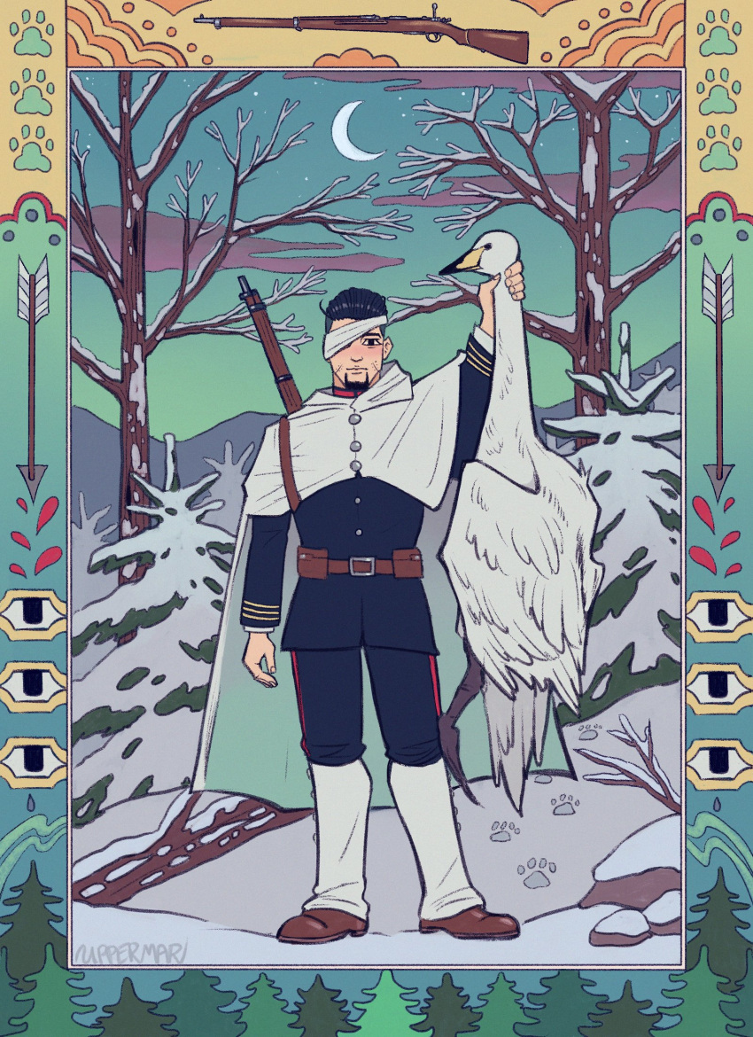 1boy :| animal arm_at_side artist_name bandage_over_one_eye bare_tree belt bird black_eyes black_hair blue_jacket blue_pants blush brown_belt brown_footwear closed_mouth cloud crescent_moon expressionless facial_hair full_body goatee golden_kamuy goose gun hair_slicked_back hand_around_neck highres holding holding_animal jacket looking_at_viewer male_focus marmarta military_uniform moon night night_sky nose_blush ogata_hyakunosuke ornate_border outdoors pants pants_rolled_up paw_print rectangular_pupils rifle shoes sky snow solid_eyes solo star_(sky) tree undercut uniform weapon weapon_on_back white_leg_warmers winter