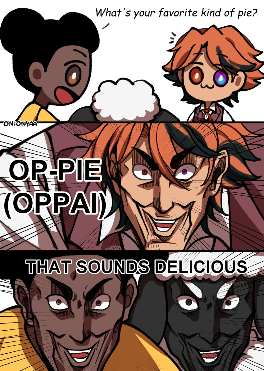 1girl 2boys amanda_(amanda_the_adventurer) amanda_the_adventurer creepy_chin_joey_wheeler_(meme) english_text highres holostars meme multicolored_eyes multicolored_hair multiple_boys necktie orange_eyes parody purple_eyes red_hair smile tagme wooly_(amanda_the_adventurer) yu-gi-oh! yukoku_roberu