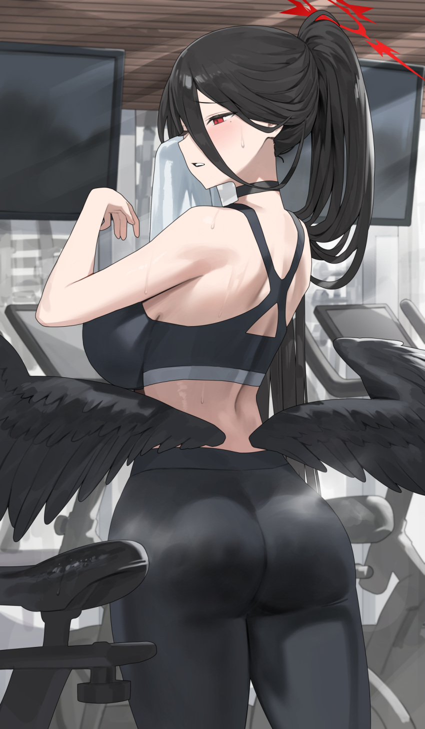 1girl alternate_costume ass bare_arms bare_shoulders black_choker black_hair black_pants black_sports_bra blue_archive blush breasts choker from_behind hair_between_eyes halo hasumi_(blue_archive) highres hood_(james_x) indoors large_breasts long_hair low_wings pants parted_lips ponytail red_eyes red_halo solo sports_bra steam television thighs treadmill wings yoga_pants