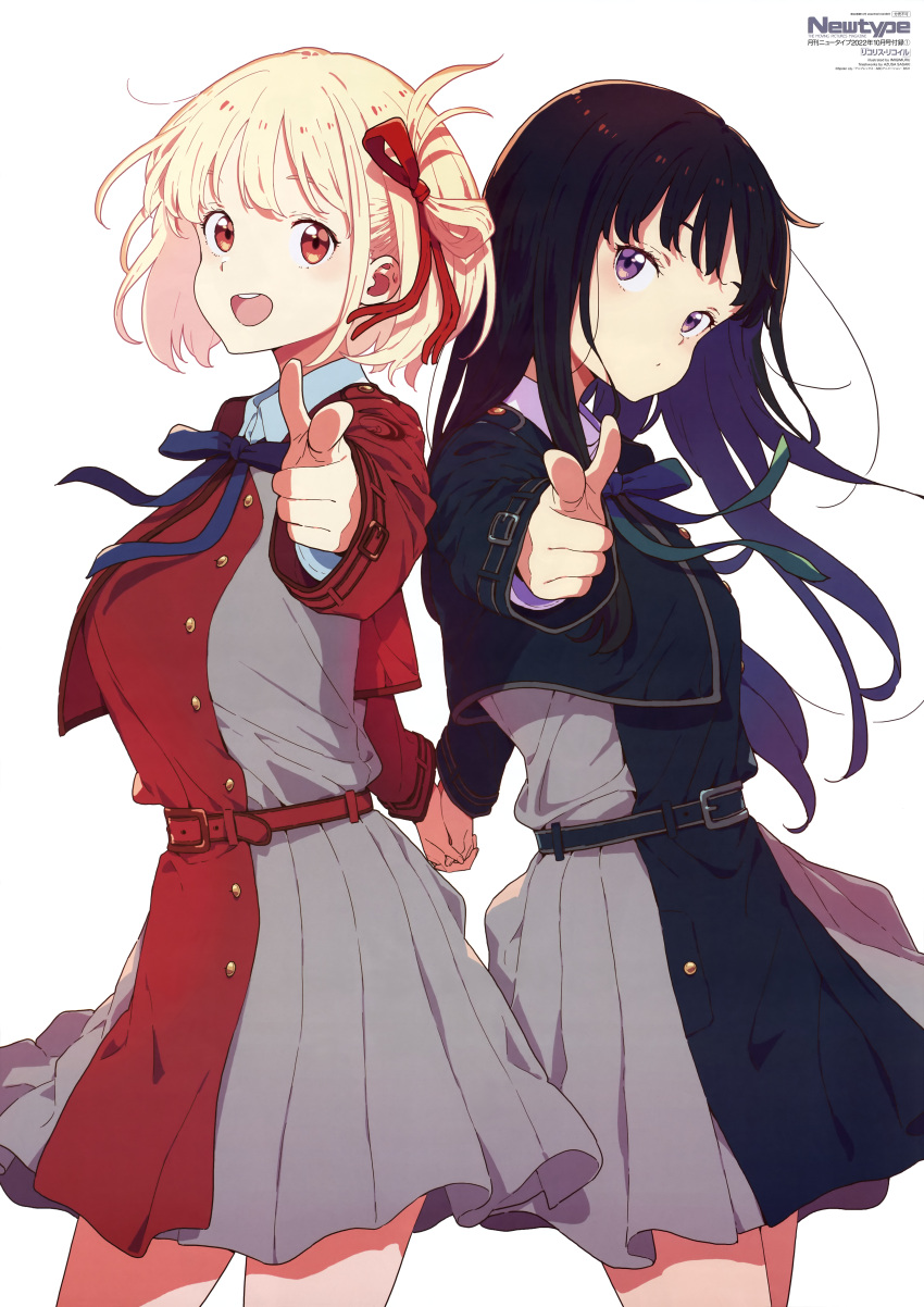 2girls :d absurdres black_hair blonde_hair blue_bow blue_bowtie blue_dress blue_ribbon bow bowtie breasts copyright_name cover dot_mouth dress finger_gun green_bow grey_dress hair_ribbon highres holding_hands imigimuru inoue_takina large_breasts long_hair long_sleeves looking_at_viewer looking_to_the_side lycoris_recoil lycoris_uniform multiple_girls newtype nishikigi_chisato official_art pleated_dress purple_eyes red_eyes red_ribbon red_sleeves ribbon scan school_uniform short_hair small_breasts smile teeth two-tone_dress upper_body upper_teeth_only waist_bow white_background yuri