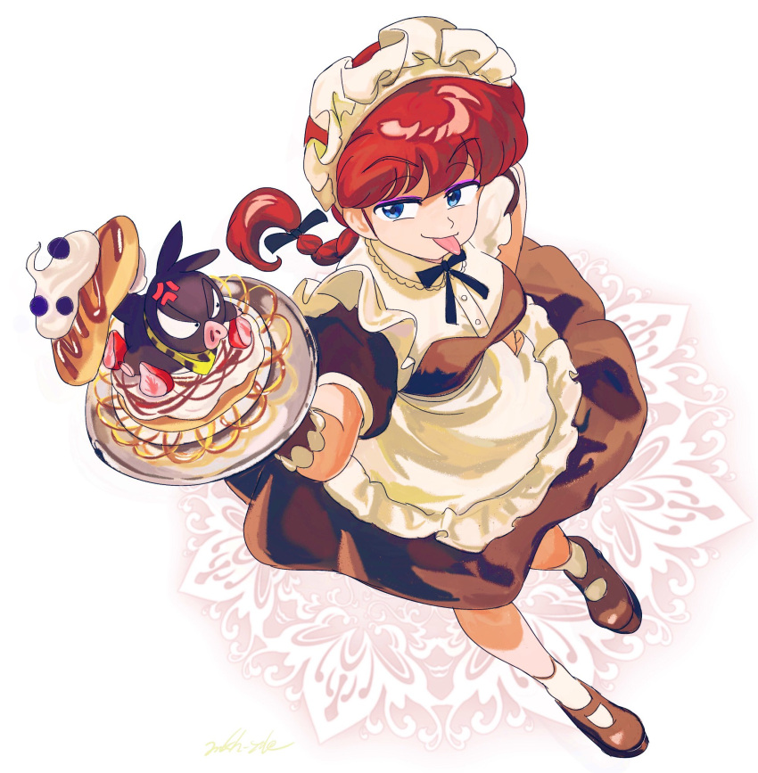 1girl animal bandana black_hair blue_eyes braid braided_ponytail breasts food fruit highres maid mkh_xde p-chan pancake pig ranma-chan ranma_1/2 smile socks strawberry tongue tongue_out white_socks yellow_bandana