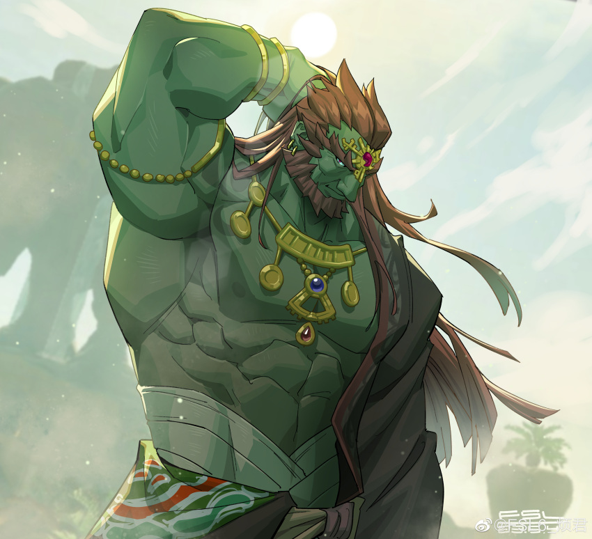 1boy abs absurdres alternate_ears arm_up armlet armpits bara bare_pectorals biceps colored_skin cowboy_shot dust earrings fsl6 ganondorf gold_necklace green_skin hadanugi_dousa highres huge_eyebrows jewelry large_pectorals long_hair looking_at_viewer male_focus midriff_peek muscular muscular_male necklace nipples pectorals red_hair sideways_glance solo stomach the_legend_of_zelda the_legend_of_zelda:_tears_of_the_kingdom thick_arms tying_hair