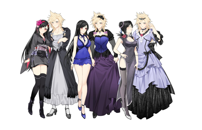 1boy 1girl black_hair black_thighhighs blonde_hair blue_eyes braid breasts china_dress chinese_clothes cleavage closed_eyes closed_mouth cloud_strife couple crossdressing crossed_arms dress duoj_ji final_fantasy final_fantasy_vii final_fantasy_vii_remake flower frills full_body hair_bun hair_flower hair_ornament hetero high_heels highres holding_hands japanese_clothes kimono large_breasts legs long_hair looking_at_another looking_at_viewer multiple_views official_alternate_costume parted_lips red_eyes short_dress side_slit simple_background skirt_hold spiked_hair taut_clothes taut_dress thighhighs thighs tiara tifa_lockhart tifa_lockhart's_exotic_dress tifa_lockhart's_refined_dress tifa_lockhart's_sporty_dress white_background