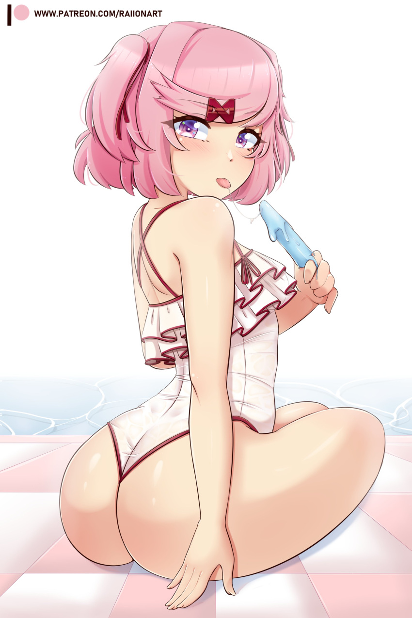 1girl absurdres alternate_costume artist_name ass bare_arms bare_shoulders doki_doki_literature_club food from_behind hair_ornament hair_ribbon hairclip highres holding holding_food holding_ice_cream ice_cream layered_swimsuit looking_back natsuki_(doki_doki_literature_club) pink_hair purple_eyes raion_(raionart) red_ribbon ribbon saliva saliva_trail shiny_skin short_hair sitting solo swimsuit tongue tongue_out white_background white_swimsuit