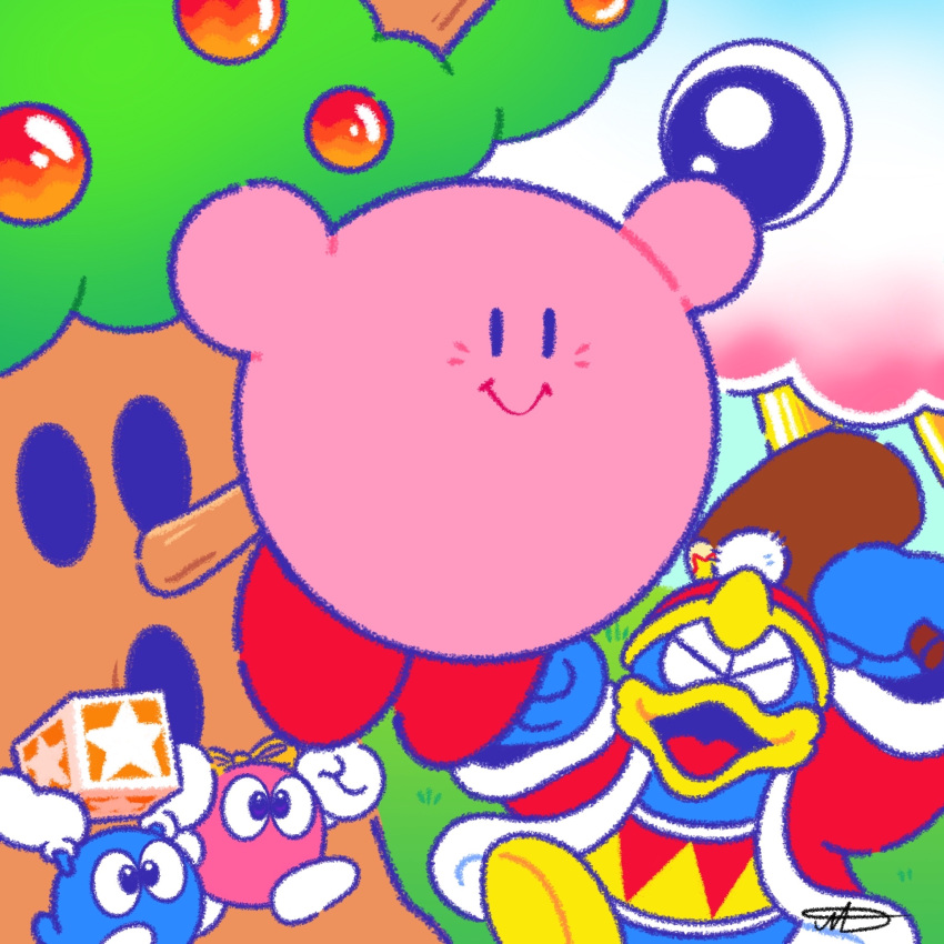 1girl 3boys anniversary apple beak blue_sky blush_stickers clenched_hand closed_eyes cloud crown english_commentary everyone flower food fruit gloves grass hammer highres holding holding_block holding_hammer jradical2014 king_dedede kirby kirby's_dream_land kirby_(series) kracko lalala_(kirby) lololo_(kirby) multiple_boys no_humans open_mouth pom_pom_(clothes) red_flower red_footwear red_headwear red_rose rose sash sky smile solid_oval_eyes star_block tree v-shaped_eyes whispy_woods white_gloves