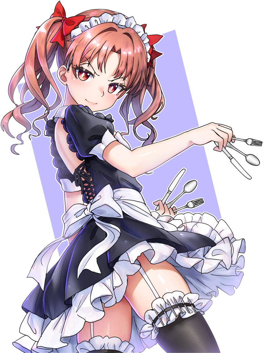 1girl absurdres backless_dress backless_outfit black_thighhighs bow bright_pupils brown_eyes brown_hair cross-laced_clothes dress ebora fork frills from_behind garter_straps hair_ribbon highres holding holding_fork holding_knife holding_spoon knife looking_at_viewer maid maid_headdress needle puffy_short_sleeves puffy_sleeves ribbon shirai_kuroko short_sleeves short_twintails simple_background skirt smile solo spoon thighhighs throwing_needles toaru_kagaku_no_railgun toaru_majutsu_no_index twintails white_background white_pupils