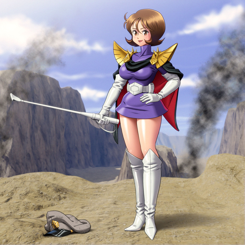 1girl blue_sky brown_eyes brown_hair cloud commentary corruption cosplay dark_persona elbow_gloves enkaboots fraw_bow gloves gundam hand_on_own_hip highres holding holding_staff kycilia_zabi kycilia_zabi_(cosplay) mobile_suit_gundam mountainous_horizon open_mouth outdoors shadow short_hair sky smoke staff standing translated