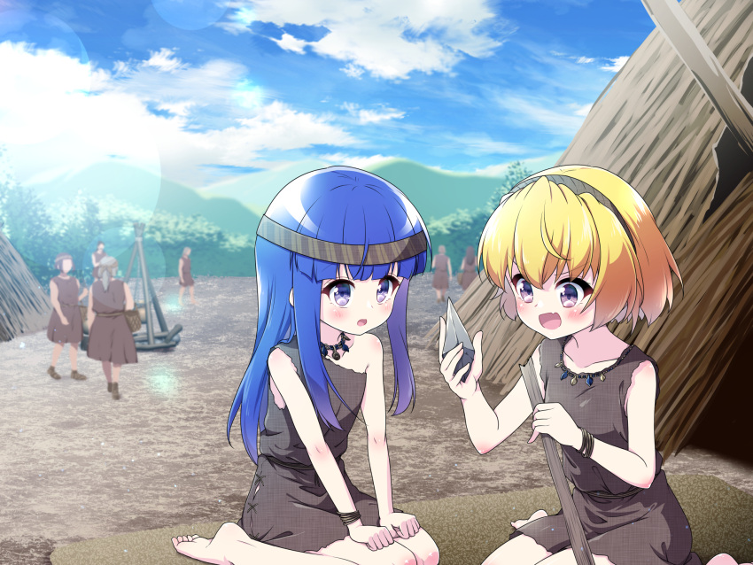 barefoot black_hairband blonde_hair blue_hair blue_sky blunt_bangs bracelet caveman cavewoman cloud collarbone furude_rika hair_between_eyes hairband hazumi_otoya highres higurashi_no_naku_koro_ni hime_cut holding holding_stick houjou_satoko jewelry long_hair multiple_boys multiple_girls necklace open_mouth outdoors prehistoric purple_eyes short_hair sidelocks sky stick