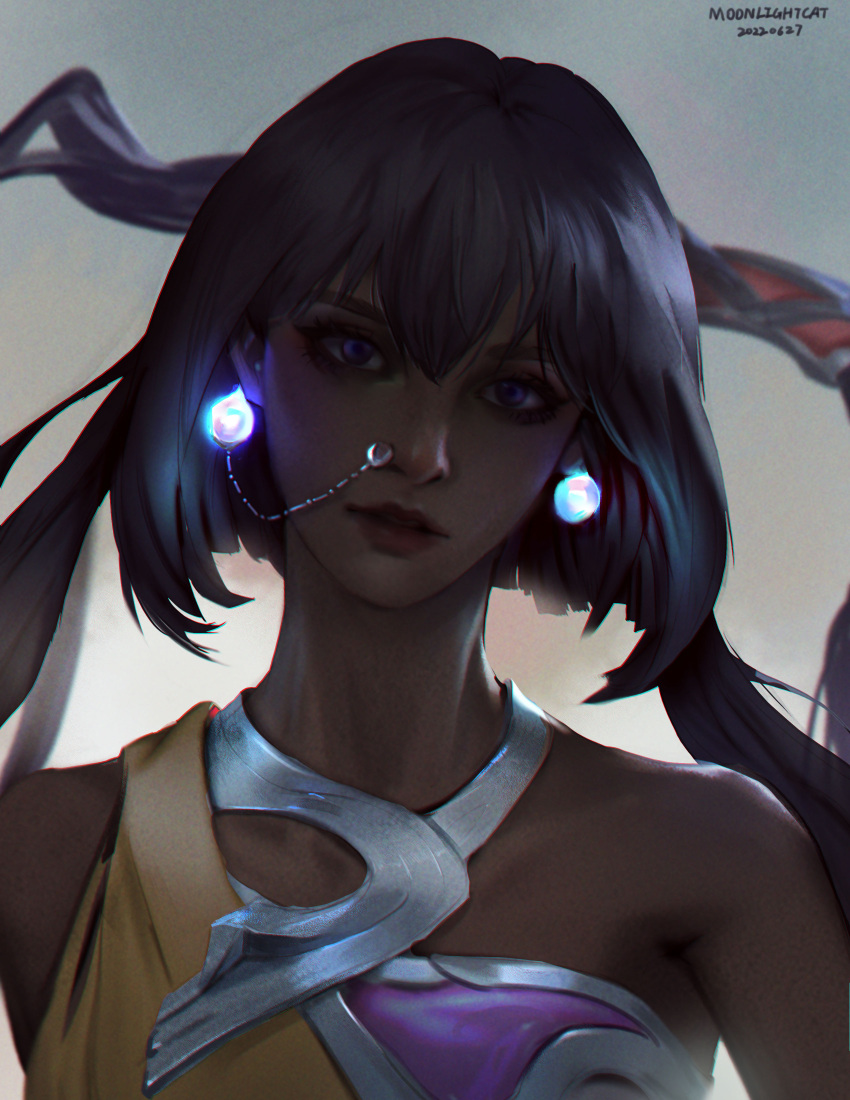 1girl absurdres artist_name black_hair blue_eyes blurry dark_skin dated earrings highres jewelry league_of_legends looking_at_viewer moonlightcat nilah_(league_of_legends) nose_piercing piercing solo upper_body