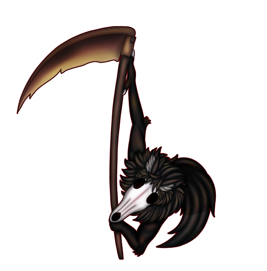 absurd_res bone claws ears_up fur hi_res hunamarts male mask melee_weapon neck_tuft polearm scythe skull skull_head skull_mask skulldog_(species) solo tail tuft weapon