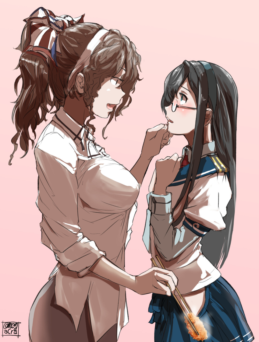 ashigara_(kancolle) ashigara_kai_ni_(kancolle) black_eyes black_hair blue_sailor_collar blue_skirt breasts brown_eyes brown_hair chopsticks collared_shirt cowboy_shot dress_shirt epaulettes eye_contact glasses grey_skirt hairband hand_on_another's_chin highres hip_vent kantai_collection large_breasts layered_sleeves long_hair long_sleeves looking_at_another megakura_kinshi necktie ooyodo_(kancolle) pencil_skirt pink_background pleated_skirt ponytail puffy_short_sleeves puffy_sleeves red_necktie sailor_collar school_uniform semi-rimless_eyewear serafuku shirt short_over_long_sleeves short_sleeves skirt sleeves_rolled_up standing under-rim_eyewear wavy_mouth white_hairband white_shirt