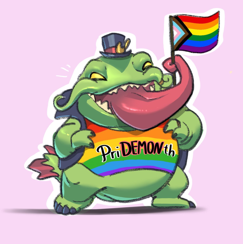 1boy :d alternate_costume black_headwear black_jacket black_nails border colored_skin english_text fish_boy full_body green_skin grey_background hat highres holding_with_tongue jacket league_of_legends meme nail_polish open_clothes open_jacket pri-demon-th_(meme) pride_month rainbow_flag rainbow_print raylor_7 sharp_teeth smile solo tahm_kench teeth tongue tongue_out top_hat white_border