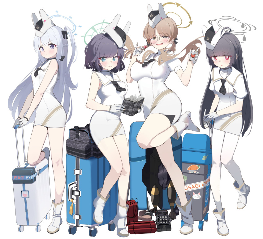 4girls ammunition animal_ears black_neckerchief black_necktie blue_archive blush book candy collared_dress commentary_request dan_nako detonator dress dynamite english_text explosive fake_animal_ears food garrison_cap glasses gloves half_gloves halo hat highres holding holding_book korean_commentary lollipop miyako_(blue_archive) miyu_(blue_archive) moe_(blue_archive) mortar_shell multiple_girls neckerchief necktie pencil_dress rabbit_ears rabbit_platoon_(blue_archive) rolling_suitcase saki_(blue_archive) short_dress short_necktie suitcase utnapishtim_operator_uniform_(blue_archive) white_background white_dress white_footwear white_gloves