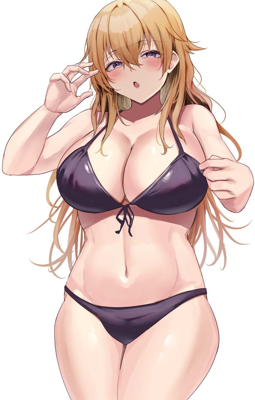 1girl :o absurdres bikini black_bikini blonde_hair blush breasts cleavage commentary_request cowboy_shot highres konoe_kanata large_breasts long_hair looking_at_viewer love_live! love_live!_nijigasaki_high_school_idol_club namazu_(yamasonson) navel open_mouth purple_eyes simple_background solo stomach swimsuit thighs white_background