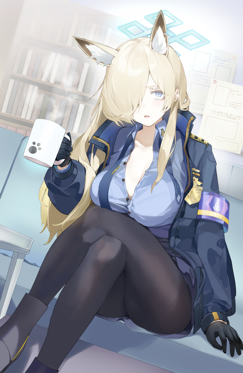 1girl absurdres animal_ear_fluff animal_ears armband black_gloves black_pantyhose blonde_hair blue_archive blue_eyes blue_jacket blue_shirt blue_sky blush bookshelf boots breasts cleavage collared_shirt couch crossed_legs cup dog_ears extra_ears foot_out_of_frame gloves hair_over_one_eye highres holding holding_cup indoors jacket kanna_(blue_archive) large_breasts legs long_hair long_sleeves looking_at_viewer miniskirt necktie notched_ear open_clothes open_jacket open_mouth pantyhose paper partially_unbuttoned police_badge sharp_teeth shirt sidelocks sitting skirt sky solo steam teeth undone_necktie yanyo_(ogino_atsuki)