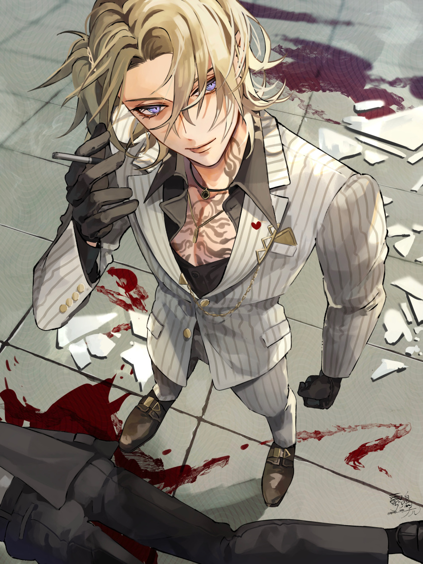 1boy absurdres black_gloves black_shirt blonde_hair blood blood_splatter broken_glass brown_footwear chest_tattoo cigarette clenched_hand collared_shirt corpse formal from_above full_body glass gloves hair_between_eyes hand_up highres holding holding_cigarette jacket jewelry long_sleeves looking_at_viewer luca_kaneshiro luca_kaneshiro_(1st_costume) male_focus necklace nijisanji nijisanji_en pants pinstripe_pants pinstripe_pattern pinstripe_suit purple_eyes raimei_naru shirt shoes short_sidetail signature smoke solo standing striped striped_pants suit tattoo unbuttoned unbuttoned_shirt virtual_youtuber white_jacket white_pants