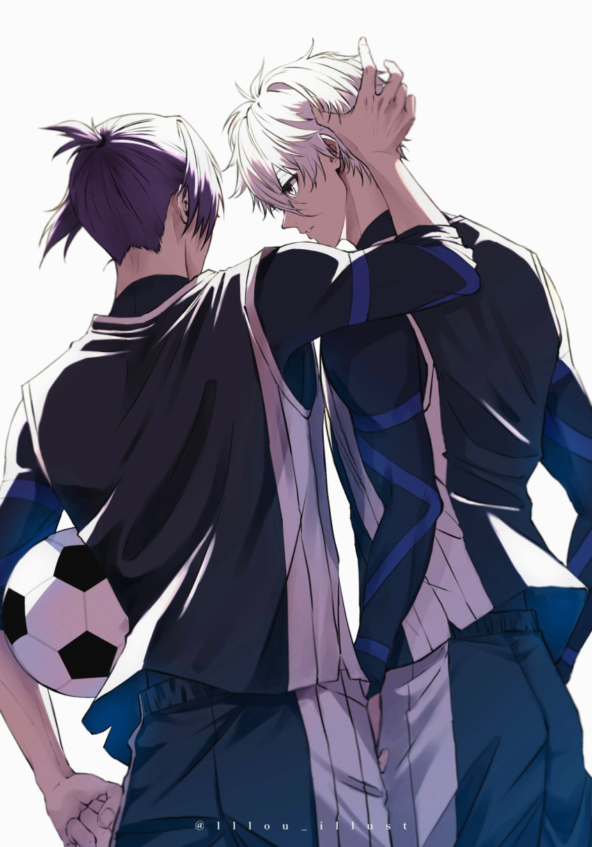 2boys arm_up ball black_bodysuit black_eyes black_shirt black_shorts blue_lock bodysuit closed_mouth cowboy_shot facing_away high_ponytail highres holding holding_ball lllou_illust long_sleeves male_focus mikage_reo multiple_boys nagi_seishirou profile purple_hair shirt short_hair short_ponytail shorts simple_background soccer_ball soccer_uniform sportswear standing twitter_username white_background white_hair