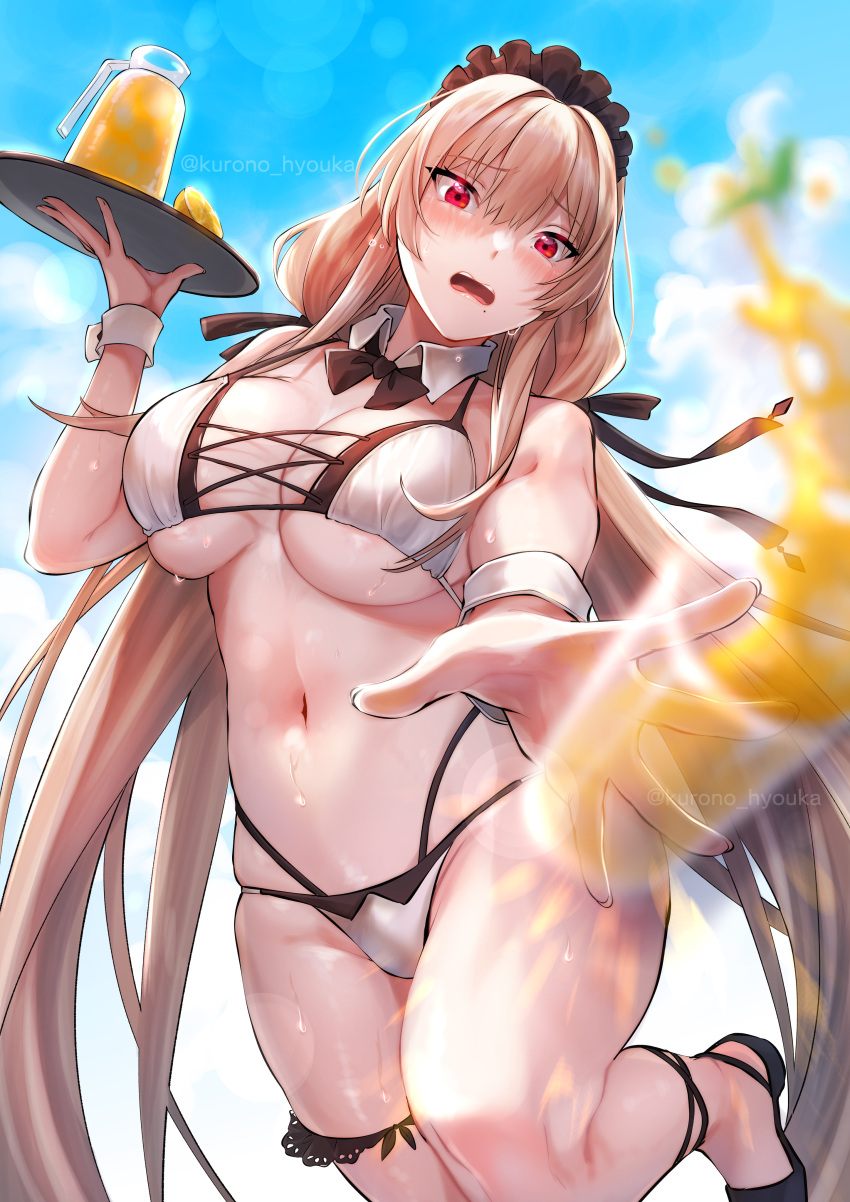 1girl absurdres azur_lane bikini brown_hair cross-laced_bikini cross-laced_clothes detached_collar frilled_hairband frills hairband hand_up highres holding holding_tray kurono_hyouka leg_up long_hair low_twintails maid maid_bikini mole mole_under_mouth multi-strapped_bikini official_alternate_costume outstretched_arms pitcher_(container) standing standing_on_one_leg swiftsure_(azur_lane) swiftsure_(midsummer_special_service)_(azur_lane) swimsuit tray twintails two-tone_bikini unconventional_maid white_bikini wrist_cuffs