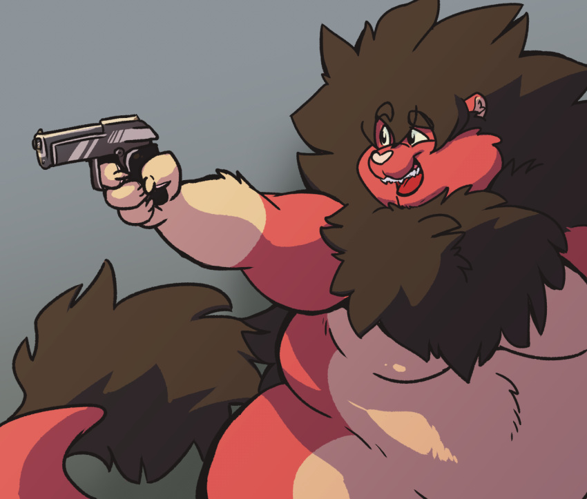 2022 aiming anthro black_body black_fur catarsi chest_tuft felid fur gloves_(marking) gradient_background gun handgun holding_gun holding_handgun holding_object holding_pistol holding_weapon kitchen_gun lioen lion male mammal markings multicolored_body nude obese obese_anthro obese_male open_mouth overweight overweight_anthro overweight_male pantherine pistol ranged_weapon red_and_white_body simple_background solo teeth tongue tuft two_tone_body weapon white_body white_fur