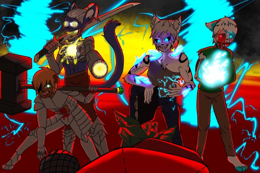 anthro armor axolotl_team blood blood_on_face blood_on_hand blood_on_mouth bloodshot_eyes blue_body blue_eyes blue_fire blue_fur bodily_fluids bone book bottomwear boyfriend_(fnf) broken_face brown_body brown_fur canid canine canis caracal caracal_(genus) clothing colored_fire corpse crystal cybernetic_arm cybernetic_leg cybernetic_limb cybernetics cyborg denim denim_clothing domestic_cat domestic_dog electricity electricity_manipulation elemental_manipulation energy energy_manipulation fantasy felid feline felis female fire fire_manipulation friday_night_funkin' fur ginger_ceberman glowing glowing_crystal glowing_eyes green_clothing green_eyes green_hoodie green_topwear grin group gun hair hammer hat headgear headwear hi_res hole_in_chest hoodie human jeans katana killing leeon lightning long_tail luke_twice machine magic male mammal melee_weapon microphone muscular muscular_anthro muscular_female muscular_male necromancy orange_hair pants power princess ranged_weapon royalty samurai shira_elinit skeleton smile smoke sword tail tools topwear tornado violence warrior weapon white_body white_fur wounded yellow_eyes