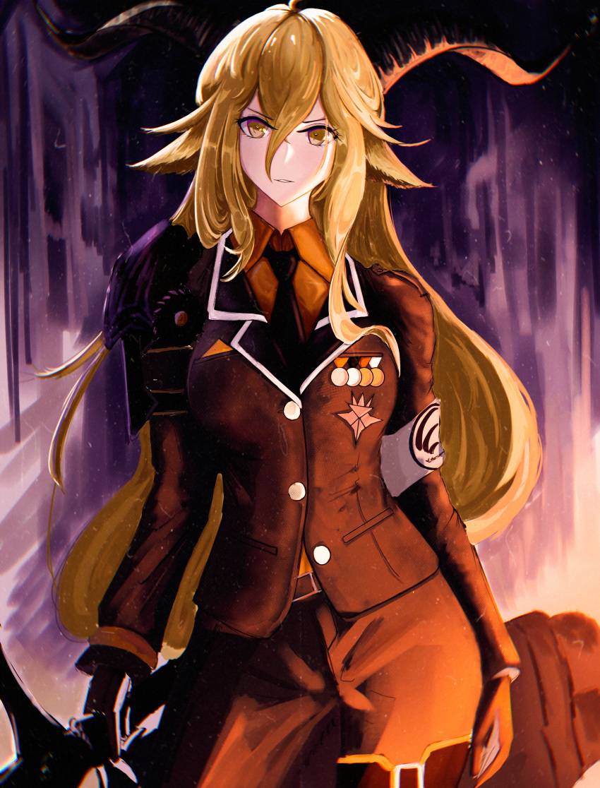 1girl absurdres ahoge animal_ear_fluff animal_ears arknights arm_strap armband armor asymmetrical_sidelocks belt belt_buckle black_gloves black_necktie blonde_hair breast_pocket breasts brown_belt brown_jacket brown_pants buckle buttons chinese_commentary collared_shirt commentary_request contrapposto cowboy_shot crossed_bangs crosshatching dark degenbrecher_(arknights) double-parted_bangs dress_shirt epaulettes eyelashes film_grain gloves goat_ears goat_girl goat_horns hair_between_eyes hair_flowing_over hallway hatching_(texture) high_collar highres holding holding_sword holding_weapon horns indoors jacket lapels light_particles light_smile long_bangs long_hair long_sleeves looking_at_viewer medal medium_breasts military military_jacket military_uniform necktie notched_lapels orange_shirt pants parted_lips pauldrons pocket print_armband shadow shirt shoulder_armor shoulder_pads sidelighting sidelocks single_epaulette single_pauldron solo standing straight-on suiryuu_(18559651) sword teeth uniform very_long_hair weapon white_armband wing_collar yellow_eyes