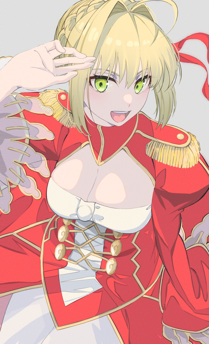 1girl absurdres ahoge anianiani0607 blonde_hair braid breasts cleavage commentary dress epaulettes fate/extra fate_(series) french_braid green_eyes hair_between_eyes hair_bun hair_intakes hair_ribbon hand_up highres large_breasts looking_at_viewer medium_breasts nero_claudius_(fate) nero_claudius_(fate/extra) open_mouth ribbon short_hair simple_background single_hair_bun sitting solo teeth upper_teeth_only