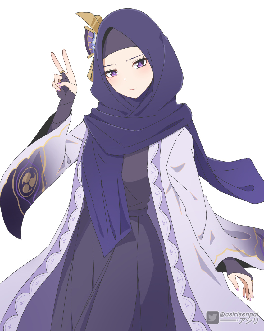 1girl abaya absurdres adapted_costume alternate_costume asiri_senpai bridal_gauntlets commentary english_commentary genshin_impact hair_ornament highres hijab japanese_clothes long_sleeves looking_at_viewer mitsudomoe_(shape) mole mole_under_eye purple_eyes purple_scarf raiden_shogun scarf simple_background solo tomoe_(symbol) v white_background wide_sleeves