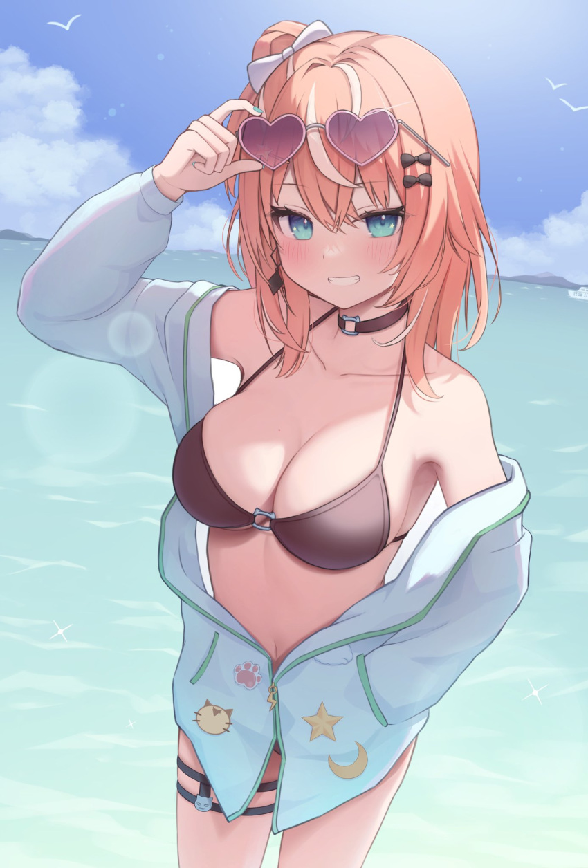 1girl aqua_jacket aqua_nails beach belt bikini bird blue_eyes blush bow breasts brown_bikini brown_choker choker day earrings grin hair_bow hair_bun heart heart-shaped_eyewear highres honyuuruinomoto igarashi_rika jacket jewelry large_breasts long_hair looking_at_viewer mole mole_on_breast multicolored_hair nijisanji o-ring o-ring_bikini ocean off_shoulder open_clothes open_jacket orange_hair outdoors smile solo standing streaked_hair sunglasses swimsuit thigh_belt thigh_strap virtual_youtuber water white_hair