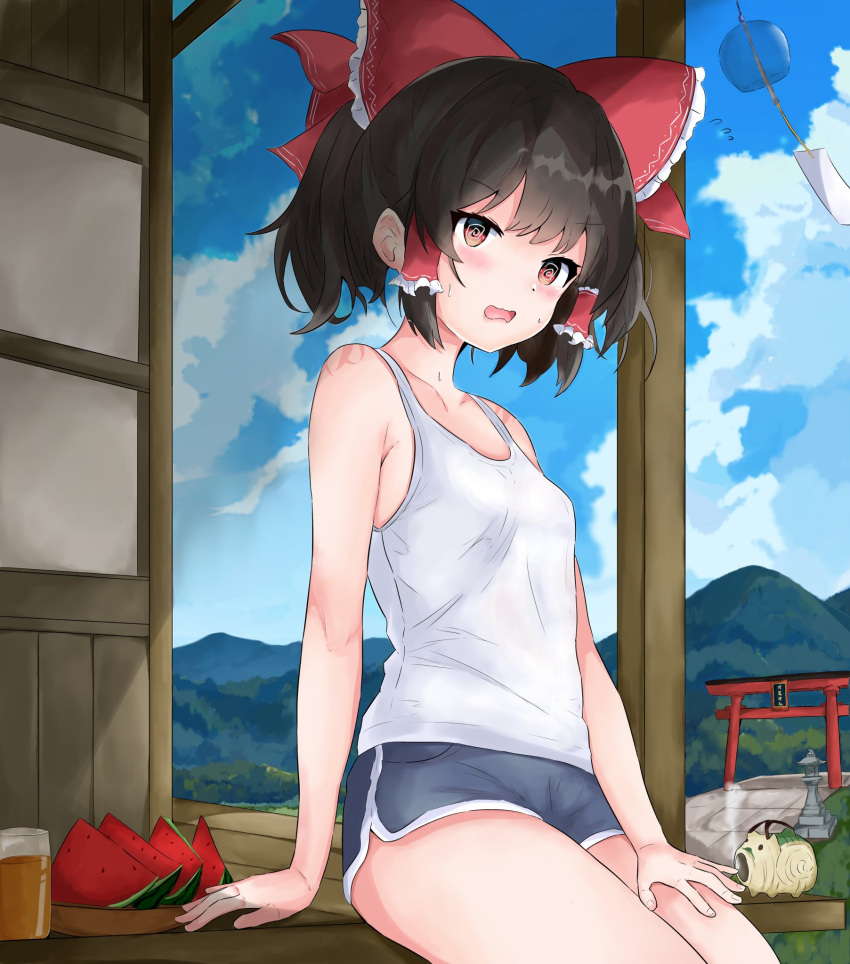 1girl @_@ alternate_costume arm_support armpit_crease bare_arms bare_shoulders blush bow breasts brown_hair cloud commentary cup day dot_nose food frilled_bow frilled_hair_tubes frills from_below fruit hair_bow hair_tubes hakurei_reimu high_ponytail highres juice kayari_buta long_hair mountainous_horizon open_mouth outdoors ponytail red_bow red_eyes short_shorts shorts sitting sky small_breasts solo stone_lantern tank_top torii touhou touhourennsyuu v-shaped_eyebrows watermelon watermelon_slice white_tank_top wind_chime