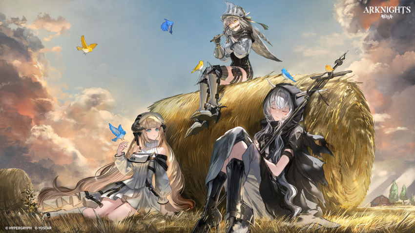 3girls absurdly_long_hair absurdres arknights armored_boots barn bird black_dress black_footwear black_skirt blonde_hair blue_bird blue_eyes blue_sky boots closed_eyes clothing_cutout cloud cloudy_sky commentary company_name copyright_name dated_commentary demon_girl demon_horns dress english_commentary evening fartooth_(arknights) feather_hair field flute gauntlets gawako grey_hair hair_between_eyes hand_up hay_bale highres holding holding_staff hood hood_up horns horns_through_headwear instrument long_hair long_sleeves looking_at_another multiple_girls music nightingale_(arknights) official_art outdoors playing_flute playing_instrument scenery shining_(arknights) shirt short_sleeves shoulder_cutout sidelocks sitting skirt sky smile staff thigh_pouch thighs tree very_long_hair visor_(armor) visor_lift white_dress white_shirt yellow_bird yellow_eyes