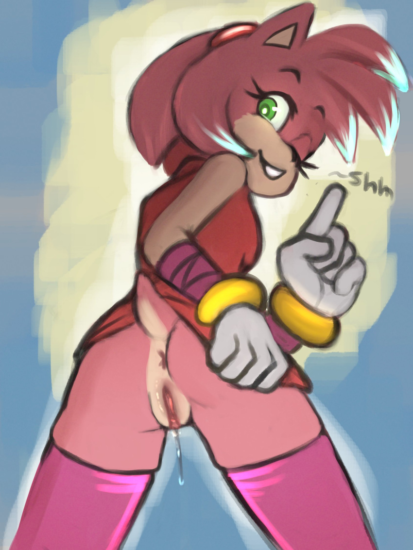 amy_rose anthro anus arm_wraps bodily_fluids bottomwear bracelet breasts butt clothed clothing clothing_lift dress dripping eulipotyphlan eyelashes female genital_fluids genitals gloves green_eyes handwear hedgehog hi_res homekeys jewelry legwear looking_at_viewer looking_back mammal presenting presenting_hindquarters presenting_pussy pussy pussy_juice pussy_juice_drip sega shush skirt skirt_lift smile solo sonic_the_hedgehog_(series) stockings wraps