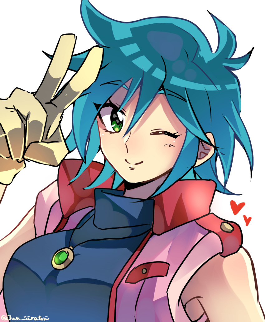 1girl ;) allenby_beardsley blue_bodysuit blue_hair bodysuit breasts commentary_request g_gundam gloves green_eyes gundam highres jacket jewelry looking_at_viewer medium_breasts necklace one_eye_closed shiratori_(jun_siratori) short_hair skin_tight smile solo v yellow_gloves